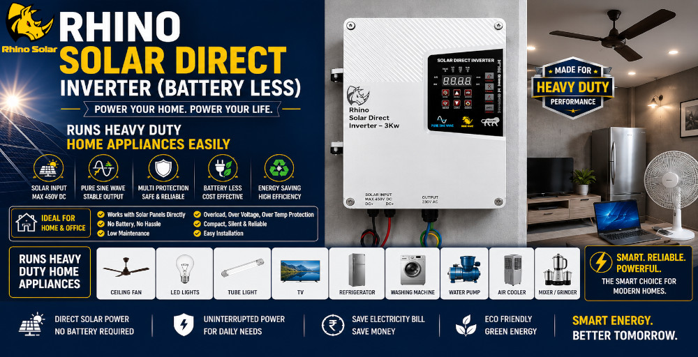 Rhino Solar Direct Inverter 3kW, battery less — runs heavy duty home appliances directly from solar, max 450 V DC input.