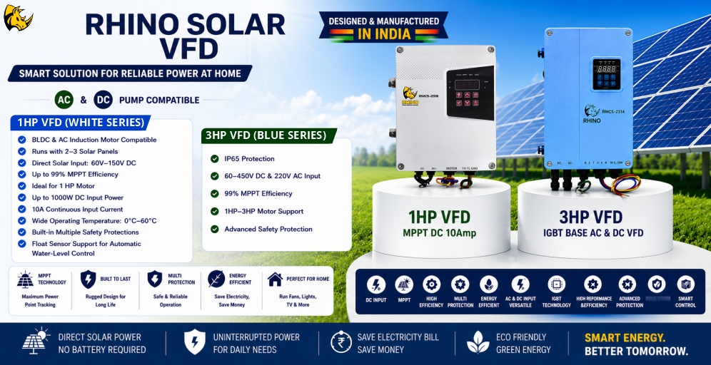 Rhino Solar VFD range — 1HP white series and 3HP blue series, AC & DC pump compatible, designed and manufactured in India.